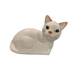 Vintage White Ceramic Porcelain Green Eyed Cat Lying Down Collectible Decor